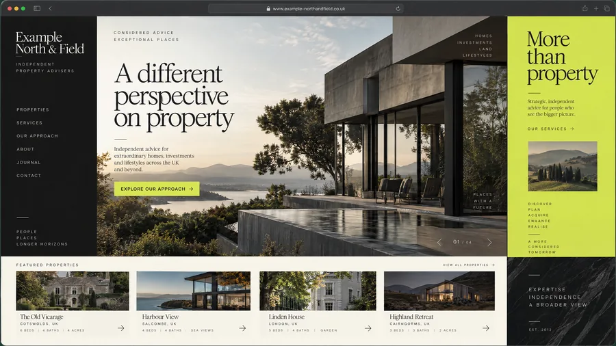 Example North & Field website design — Independent property adviser in Leeds (example design)