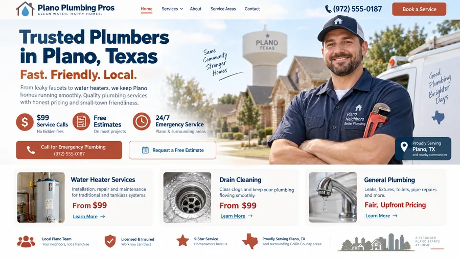 Example Plano Plumbing website design — US example design in Plano, TX (example design)